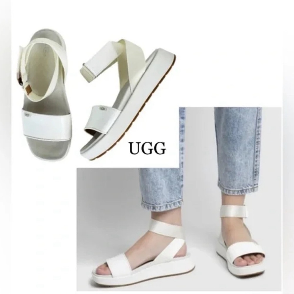 Ugg Lennox textile patent leather strappy white mid platform wedge sandals